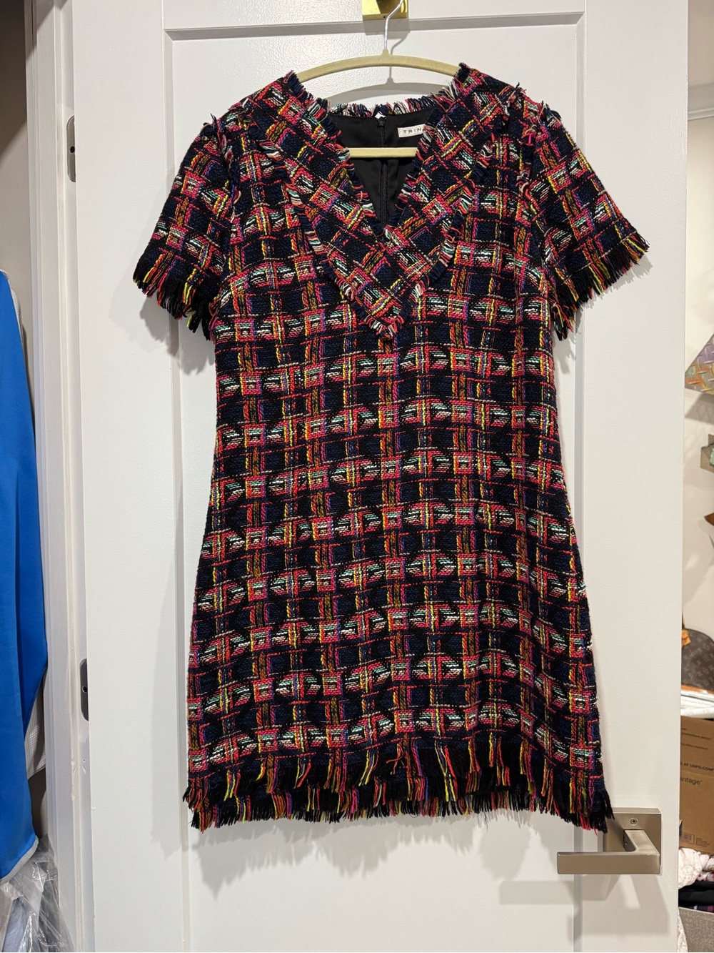 Trina Turk Multicolor Tweed Shift Dress with Fringe